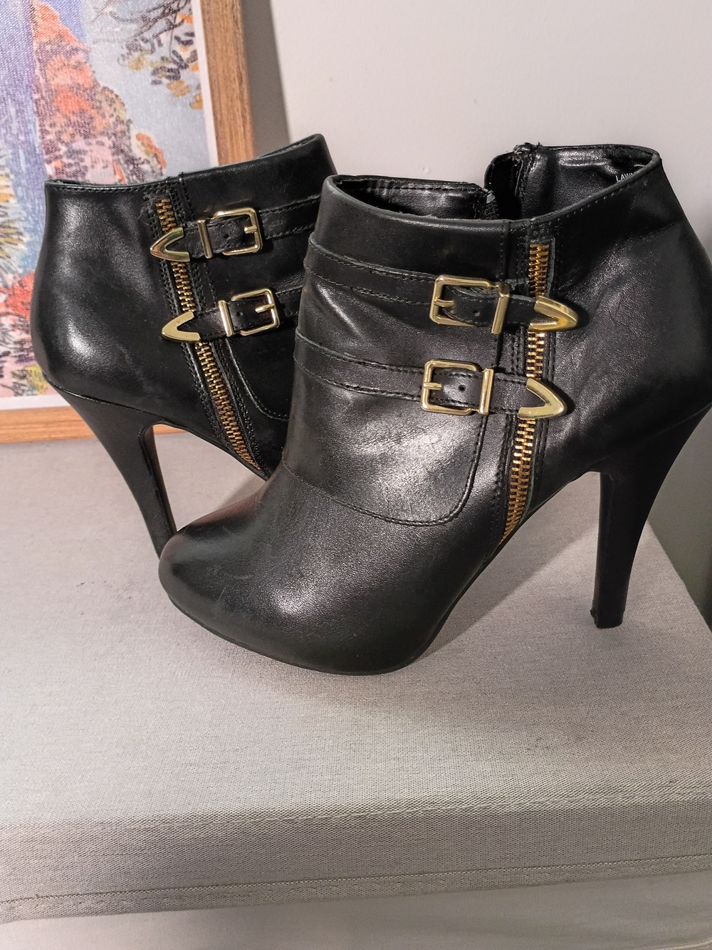 me too Black High Heel Ankle Boots with Gold Buckle Detail